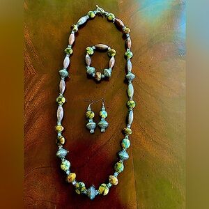 Natural Brown Jasper Stone Set of Necklace 36”, Earrings 2,5” and Bracelet